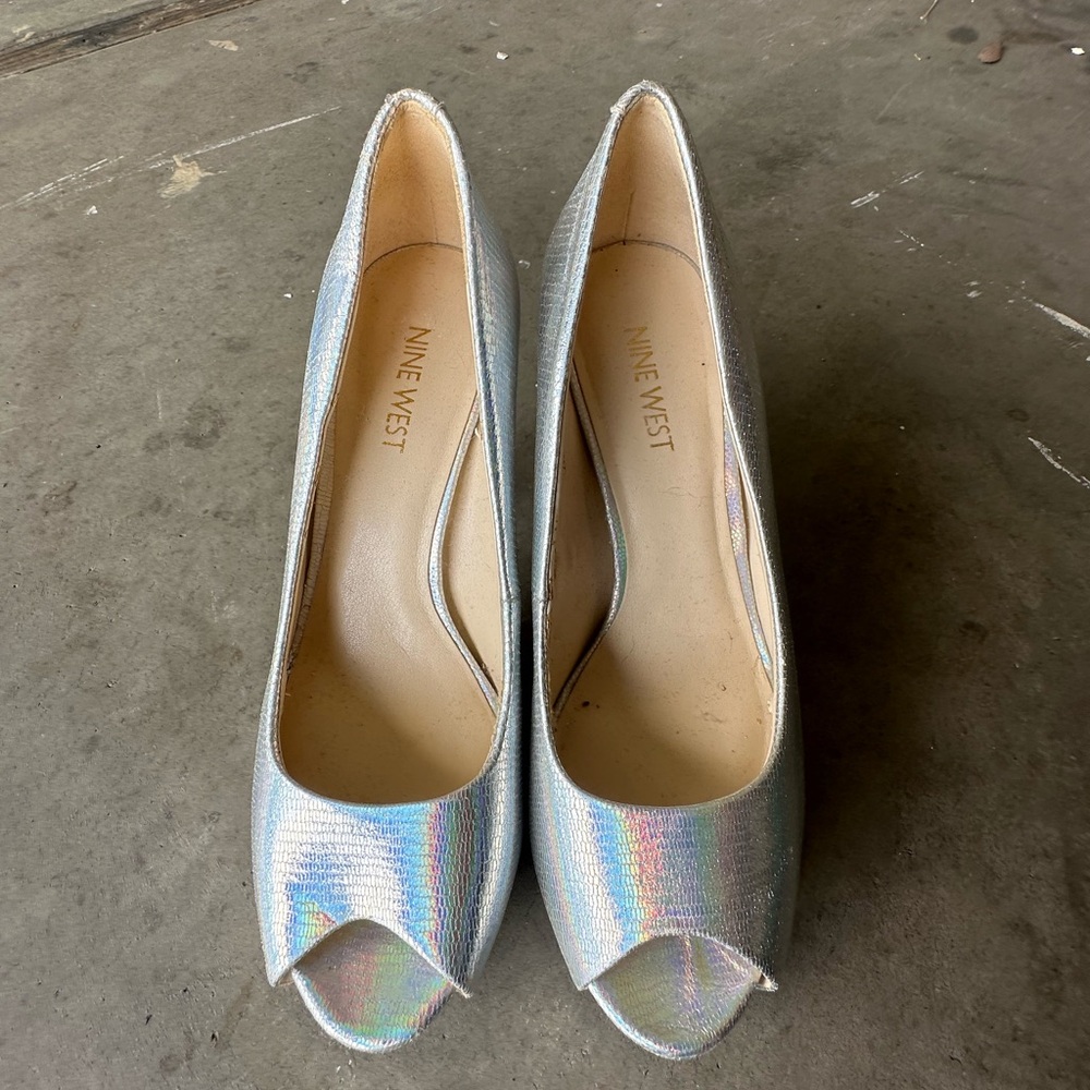 Nine West Silver Peep Toe Heels